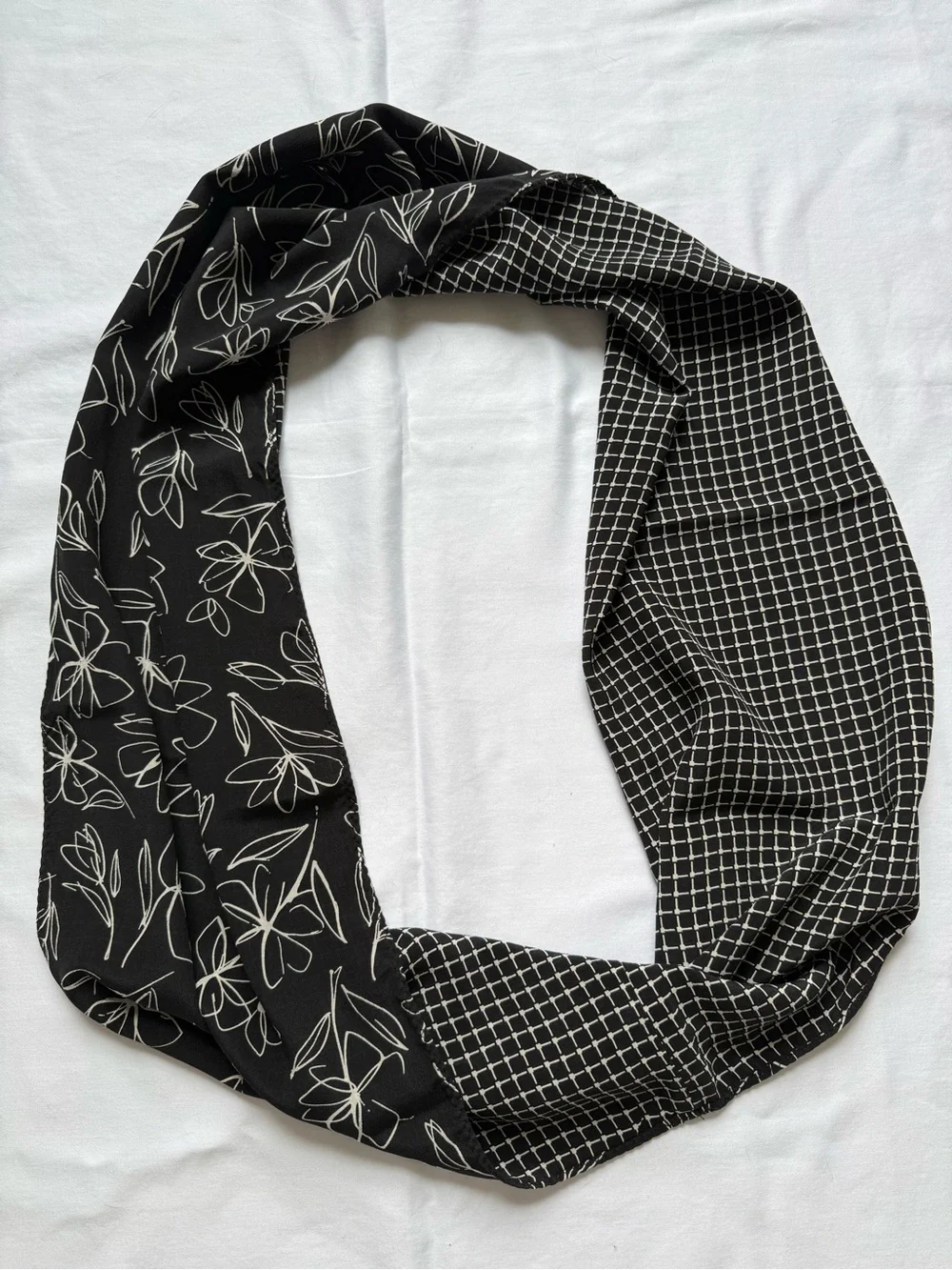 J. Jill 100% Silk Black Infinity Scarf with Floral & Grid Motifs